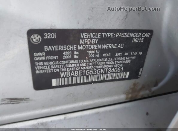 WBA8E1G53GNT34061 2016 BMW 3 SERIES Серый Вид подкапотного пространства