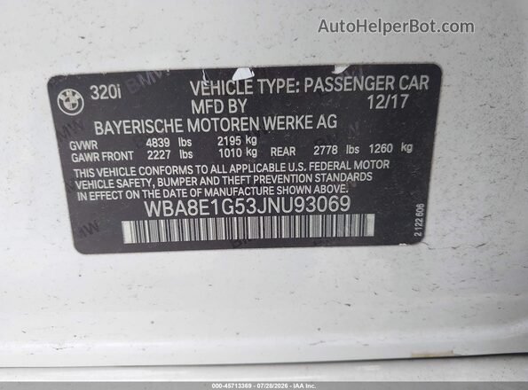 WBA8E1G53JNU93069 2018 BMW 3 SERIES White ძრავის განყოფილების ხედი