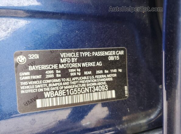 WBA8E1G55GNT34093 2016 BMW 3 SERIES Синий Вид подкапотного пространства