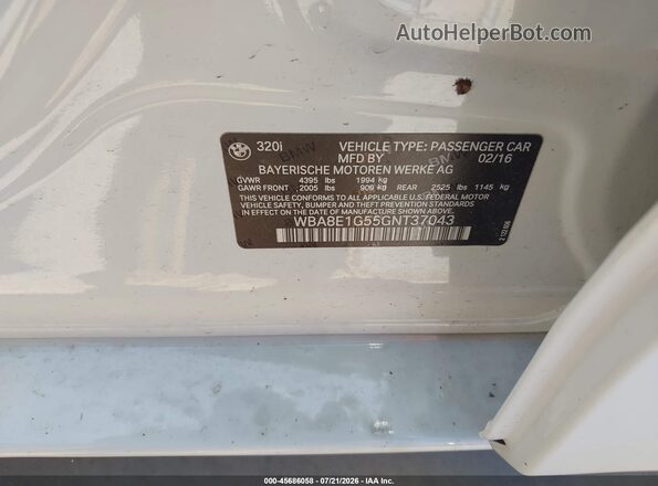WBA8E1G55GNT37043 2016 BMW 3 SERIES White Вид підкапотного простору