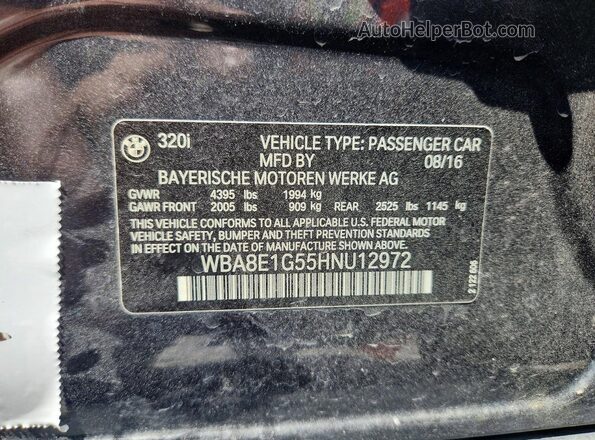 WBA8E1G55HNU12972 2017 BMW 3 SERIES Gray VIN კოდის სტიკერის ხედი
