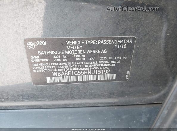 WBA8E1G55HNU15192 2017 BMW 3 SERIES Серый Вид подкапотного пространства