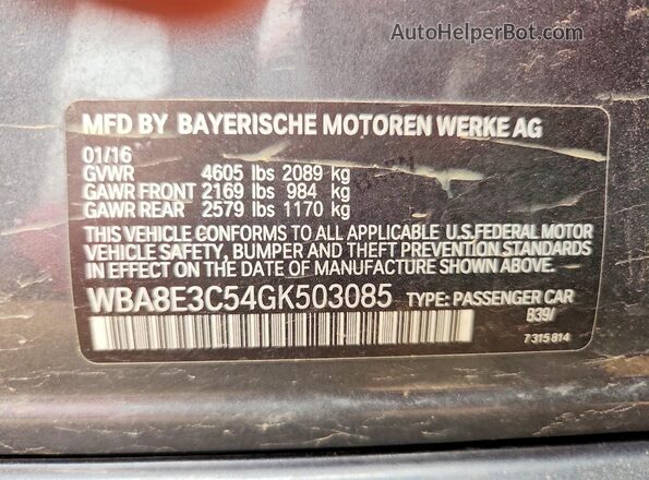 WBA8E3C54GK503085 2016 BMW 3 SERIES Gray Vista del compartimento del motor