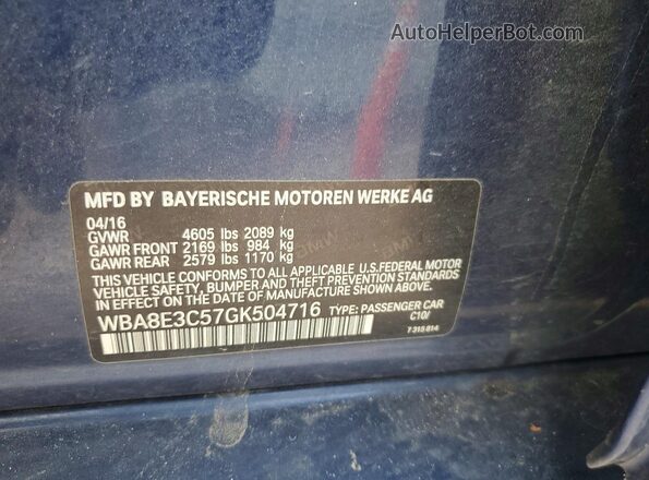 WBA8E3C57GK504716 2016 BMW 3 SERIES Blue VIN կոդի պիտակի տեսք