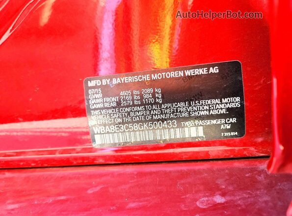 WBA8E3C58GK500433 2016 BMW 3 SERIES Red VIN կոդի պիտակի տեսք