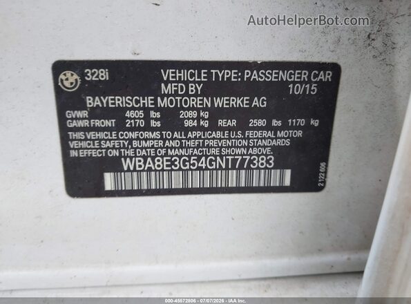 WBA8E3G54GNT77383 2016 BMW 3 SERIES White Շարժիչի բաժամունքի տեսք