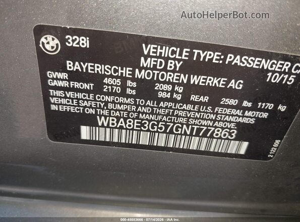 WBA8E3G57GNT77863 2016 BMW 3 SERIES Gray Вид підкапотного простору