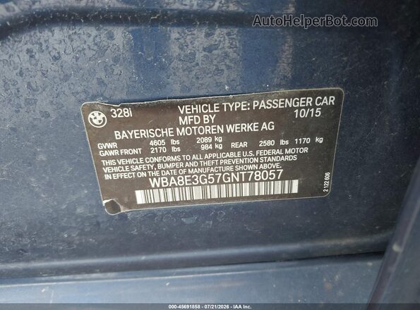 WBA8E3G57GNT78057 2016 BMW 3 SERIES Blue Vista del compartimento del motor