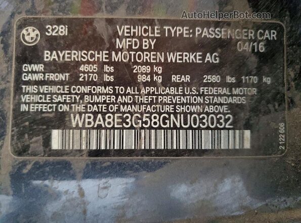 WBA8E3G58GNU03032 2016 BMW 3 SERIES Gray Widok komory silnika