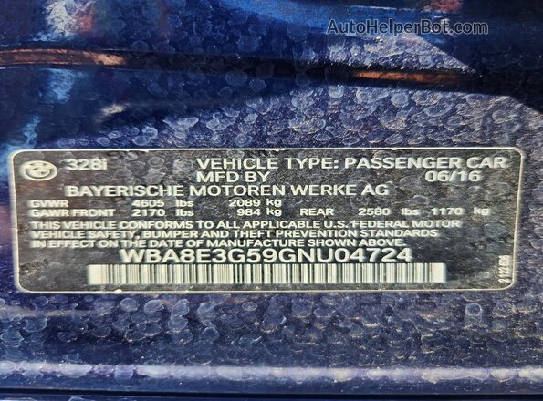 WBA8E3G59GNU04724 2016 BMW 3 SERIES Blue Շարժիչի բաժամունքի տեսք