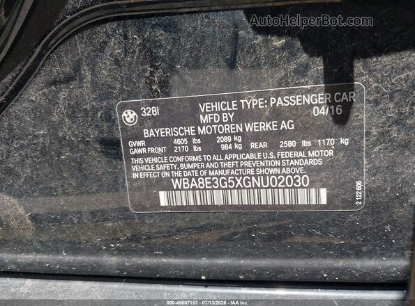 WBA8E3G5XGNU02030 2016 BMW 3 SERIES Black ძრავის განყოფილების ხედი