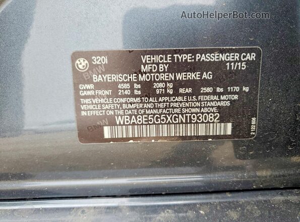 WBA8E5G5XGNT93082 2016 BMW 3 SERIES Gray Vista del compartimento del motor