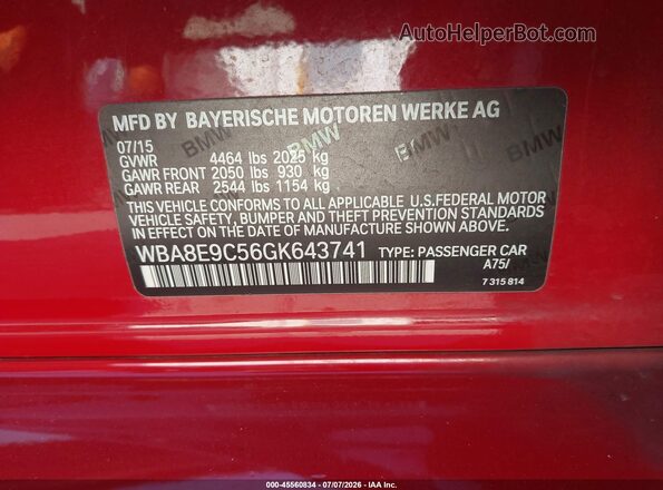 WBA8E9C56GK643741 2016 BMW 3 SERIES Red ძრავის განყოფილების ხედი