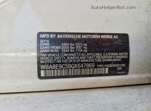 WBA8E9C58GK647869 2016 BMW 3 SERIES White Շարժիչի բաժամունքի տեսք