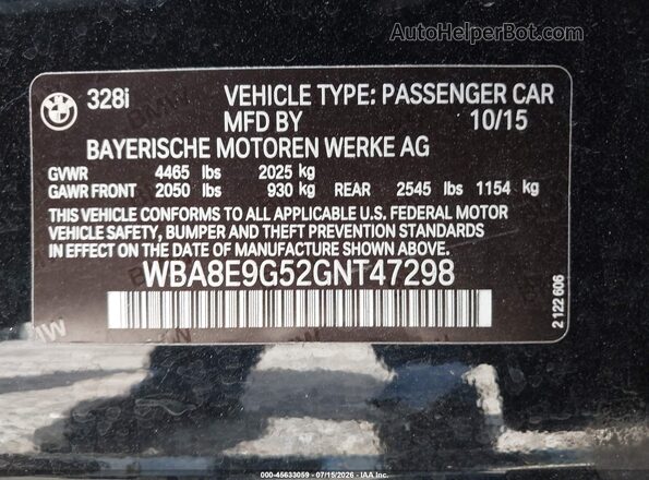 WBA8E9G52GNT47298 2016 BMW 3 SERIES Black ძრავის განყოფილების ხედი