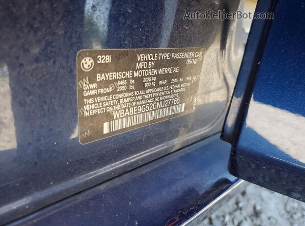 WBA8E9G52GNU27765 2016 BMW 3 SERIES Синий Вид подкапотного пространства