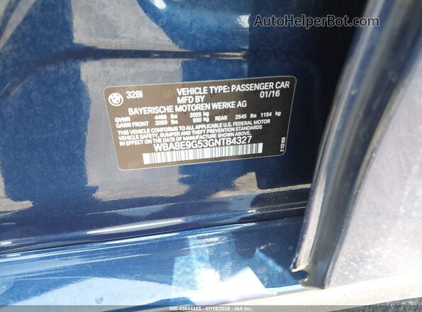 WBA8E9G53GNT84327 2016 BMW 3 SERIES Синий Вид подкапотного пространства