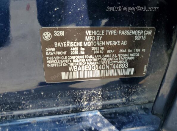 WBA8E9G54GNT44693 2016 BMW 3 SERIES Blue Engine compartment view