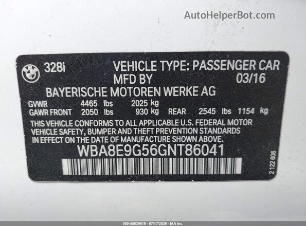 WBA8E9G56GNT86041 2016 BMW 3 SERIES White Вид підкапотного простору