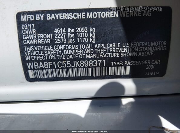 WBA8F1C55JK898371 2018 BMW 3 SERIES White Engine compartment view