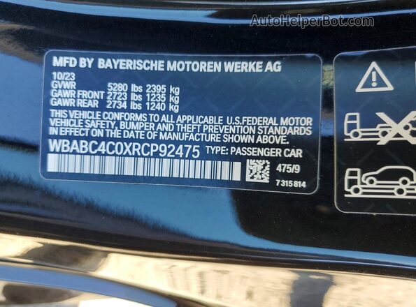 WBABC4C0XRCP92475 2024 BMW M8 Black Вид наклейки з VIN-кодом