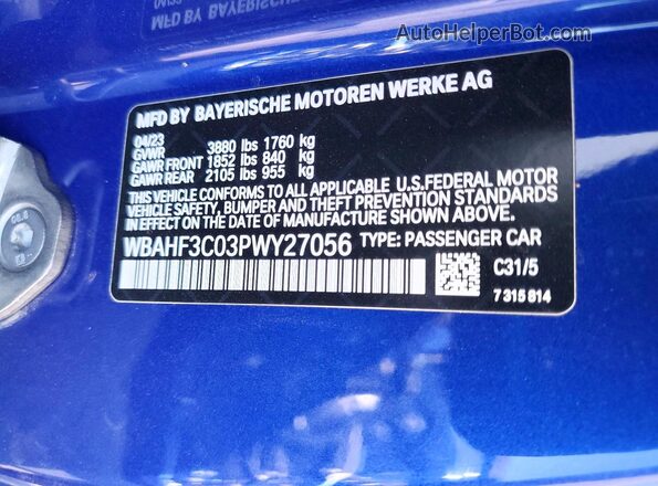 WBAHF3C03PWY27056 2023 BMW Z4 Blue VIN კოდის სტიკერის ხედი
