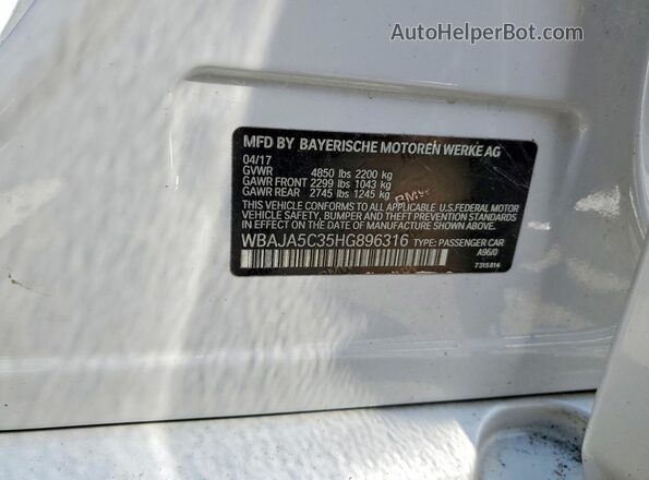 WBAJA5C35HG896316 2017 BMW 5 SERIES White Vista de la etiqueta del VIN