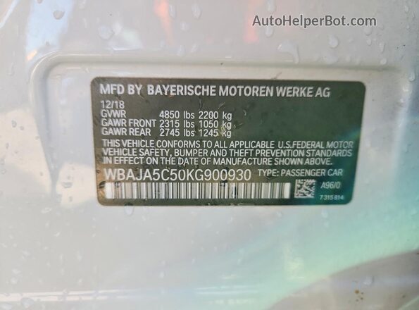 WBAJA5C50KG900930 2019 BMW 5 SERIES White Widok naklejki z numerem VIN
