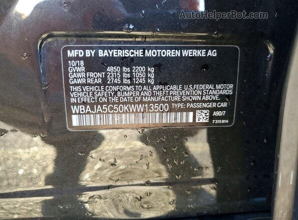 WBAJA5C50KWW13500 2019 BMW 5 SERIES Charcoal Vista de la etiqueta del VIN