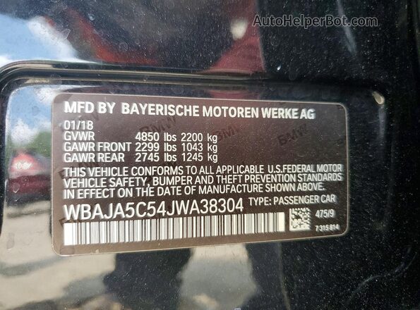 WBAJA5C54JWA38304 2018 BMW 5 SERIES Black VIN კოდის სტიკერის ხედი