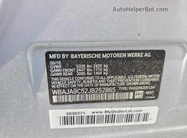 WBAJA9C52JB252865 2018 BMW 5 SERIES Silver VIN sticker view