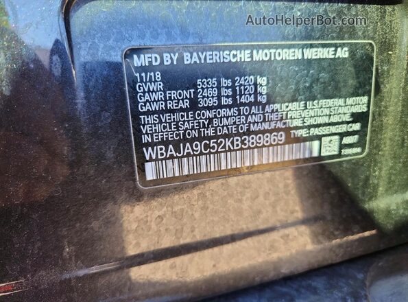 WBAJA9C52KB389869 2019 BMW 5 SERIES Black VIN sticker view