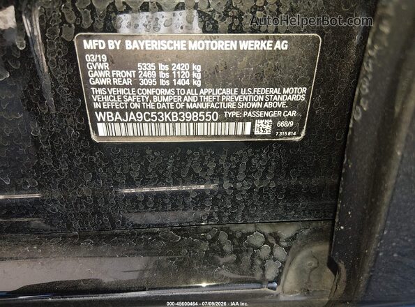 WBAJA9C53KB398550 2019 BMW 5 SERIES Black Engine compartment view