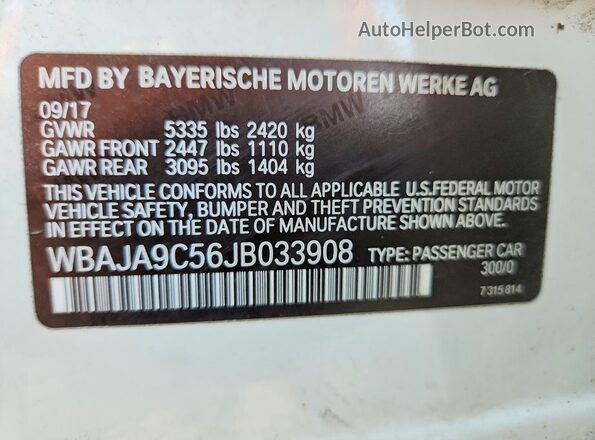 WBAJA9C56JB033908 2018 BMW 5 SERIES White VIN კოდის სტიკერის ხედი