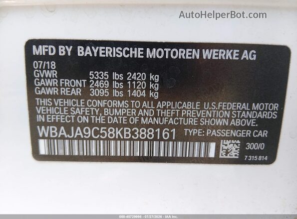 WBAJA9C58KB388161 2019 BMW 5 SERIES White Vista del compartimento del motor