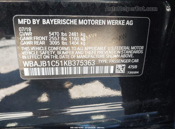 WBAJB1C51KB375363 2019 BMW 5 SERIES Black Вид підкапотного простору