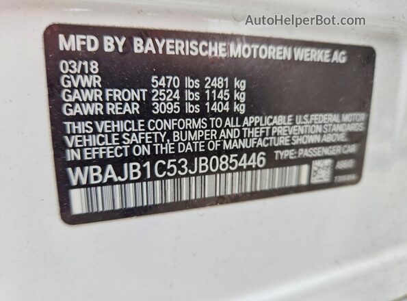 WBAJB1C53JB085446 2018 BMW 5 SERIES White VIN կոդի պիտակի տեսք