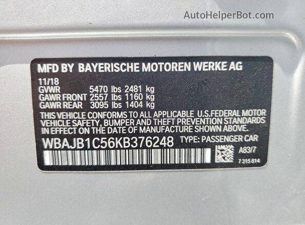 WBAJB1C56KB376248 2019 BMW 5 SERIES Silver VIN կոդի պիտակի տեսք