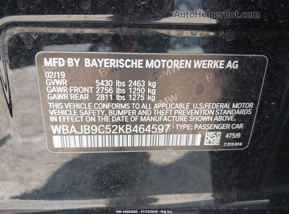 WBAJB9C52KB464597 2019 BMW 5 SERIES Black Շարժիչի բաժամունքի տեսք