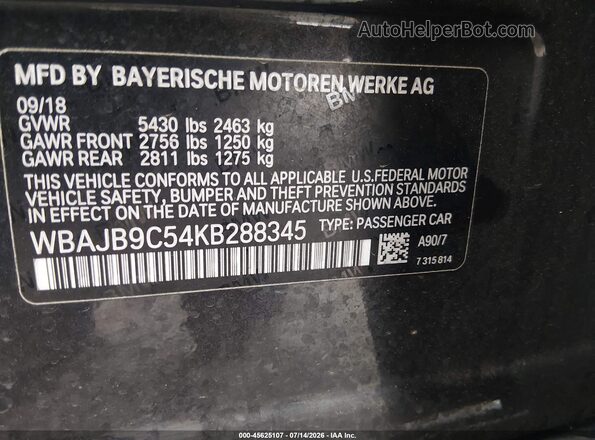 WBAJB9C54KB288345 2019 BMW 5 SERIES Black Engine compartment view