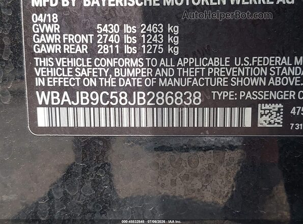 WBAJB9C58JB286838 2018 BMW 5 SERIES Black Շարժիչի բաժամունքի տեսք