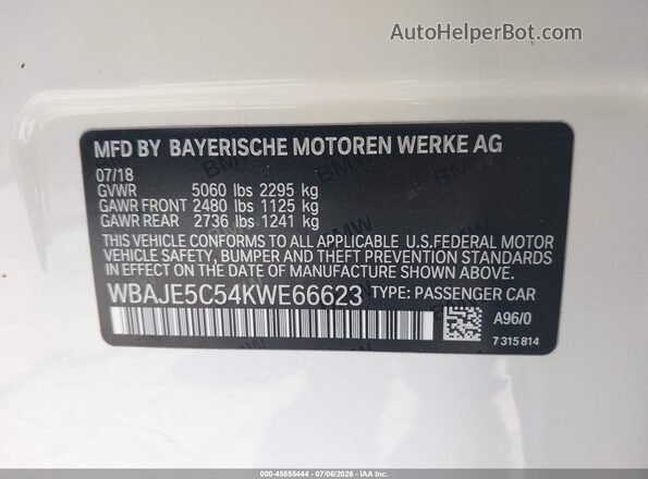 WBAJE5C54KWE66623 2019 BMW 5 SERIES White Engine compartment view