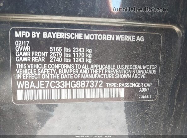 WBAJE7C33HG887372 2017 BMW 5 SERIES Black Вид підкапотного простору
