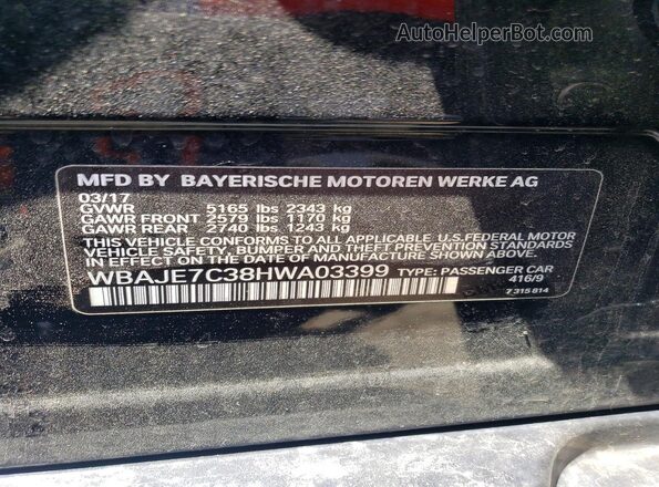 WBAJE7C38HWA03399 2017 BMW 5 SERIES Blue VIN կոդի պիտակի տեսք