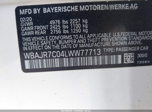 WBAJR7C04LWW77713 2020 BMW 5 SERIES White Вид підкапотного простору