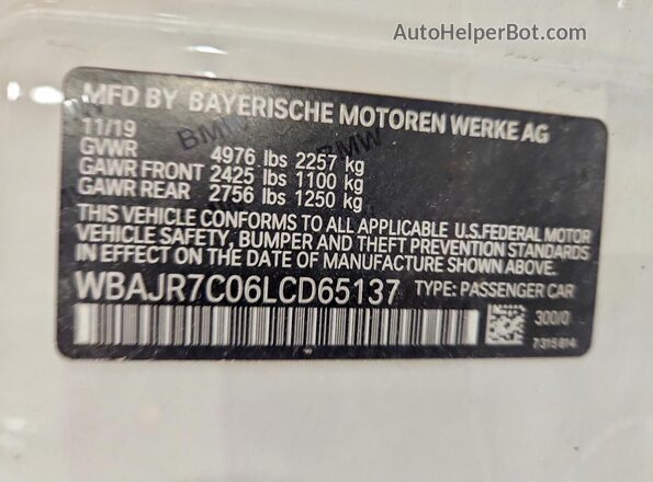 WBAJR7C06LCD65137 2020 BMW 5 SERIES White Engine compartment view