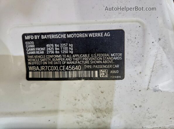 WBAJR7C0XLCE45640 2020 BMW 5 SERIES White VIN კოდის სტიკერის ხედი