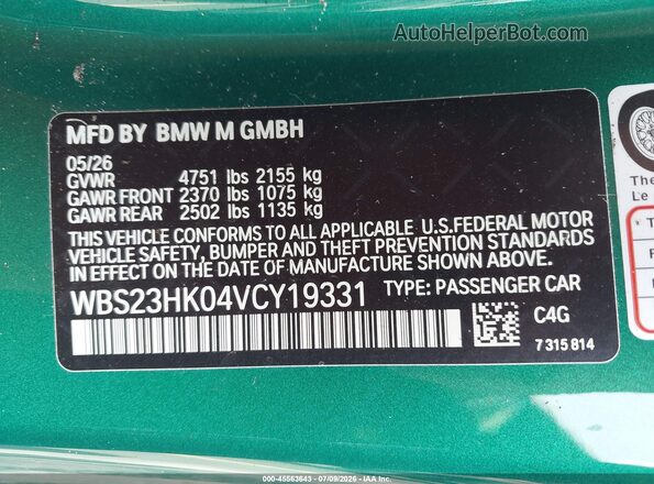 WBS23HK04VCY19331 2027 BMW M4 Green Vista del compartimento del motor