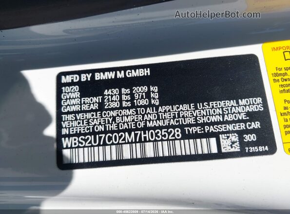 WBS2U7C02M7H03528 2021 BMW M2 White Вид підкапотного простору