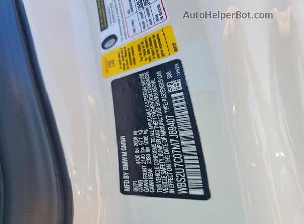WBS2U7C07M7J69407 2021 BMW M2 White VIN კოდის სტიკერის ხედი